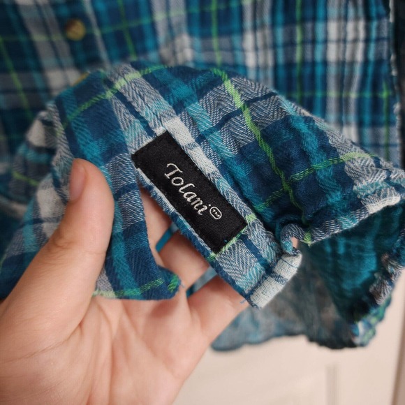 Tolani Womens Flannel Blue Green Plaid Slubbed Cotton Pleated Back Blouse Top M - Picture 5 of 11